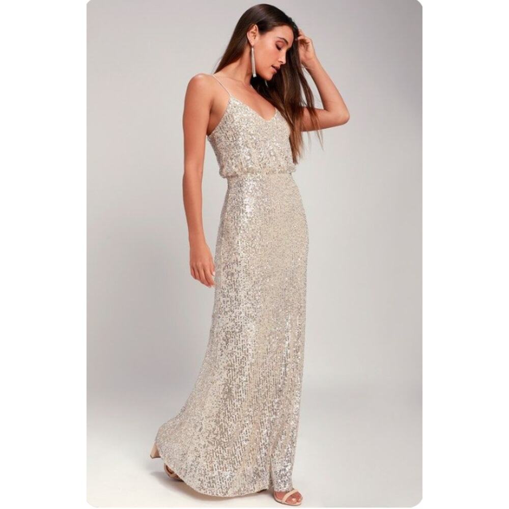 Lulus Broadway Silver Sequin Sleeveless Maxi Dress Gown Prom Formal Evening M